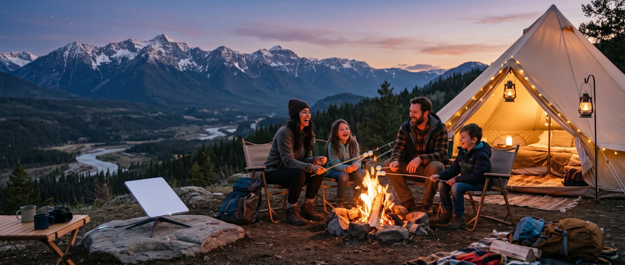 Starlink dish set up outdoors at golden hour