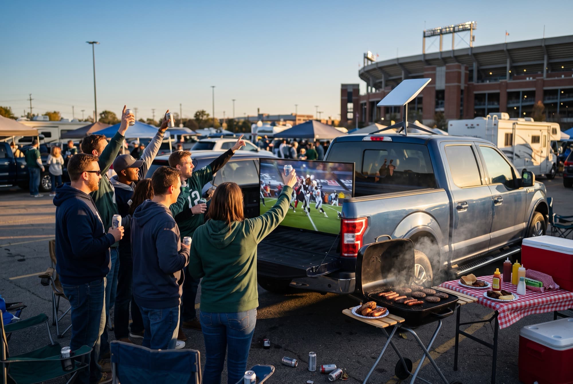 Tailgate setup with a TV, canopy, and Starlink dish